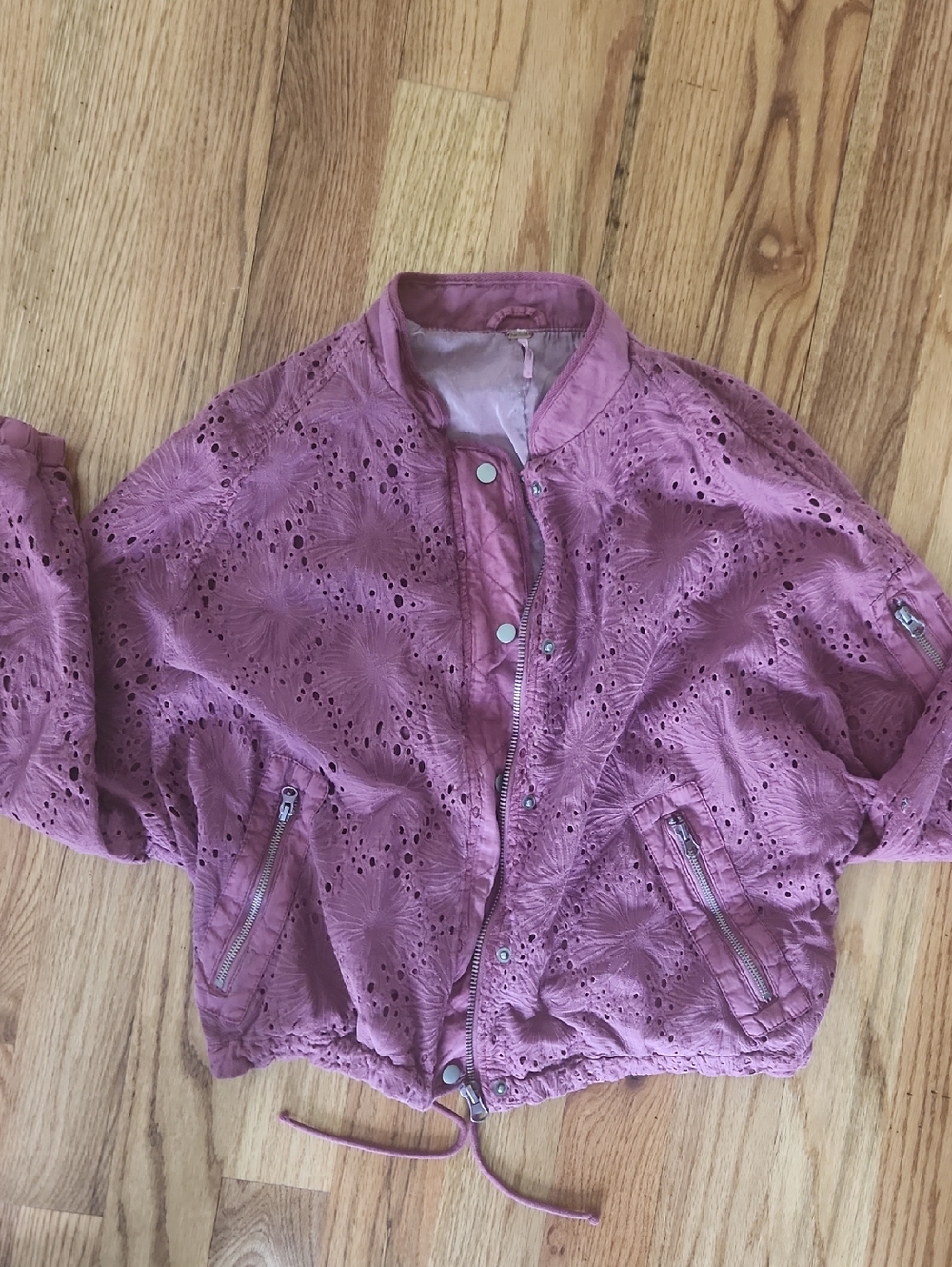 Free People Rose Pink Eyelet Bomber Jacket